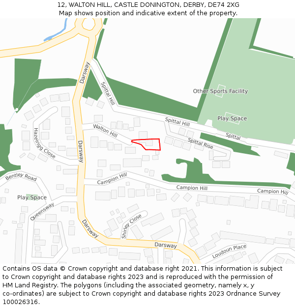 12, WALTON HILL, CASTLE DONINGTON, DERBY, DE74 2XG: Location map and indicative extent of plot