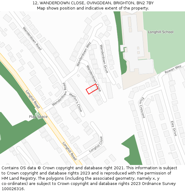 12, WANDERDOWN CLOSE, OVINGDEAN, BRIGHTON, BN2 7BY: Location map and indicative extent of plot