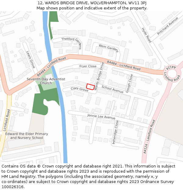 12, WARDS BRIDGE DRIVE, WOLVERHAMPTON, WV11 3PJ: Location map and indicative extent of plot