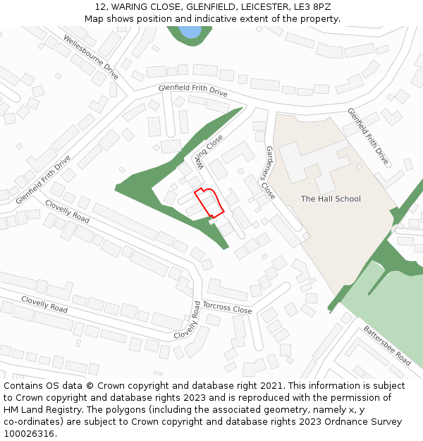 12, WARING CLOSE, GLENFIELD, LEICESTER, LE3 8PZ: Location map and indicative extent of plot