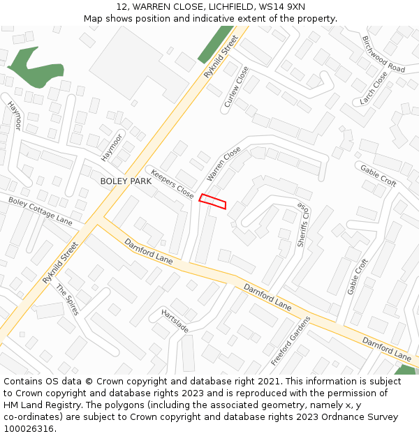 12, WARREN CLOSE, LICHFIELD, WS14 9XN: Location map and indicative extent of plot