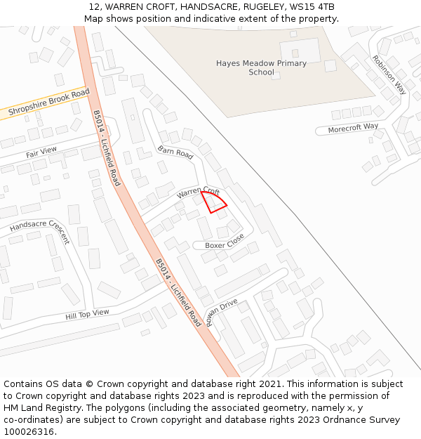 12, WARREN CROFT, HANDSACRE, RUGELEY, WS15 4TB: Location map and indicative extent of plot