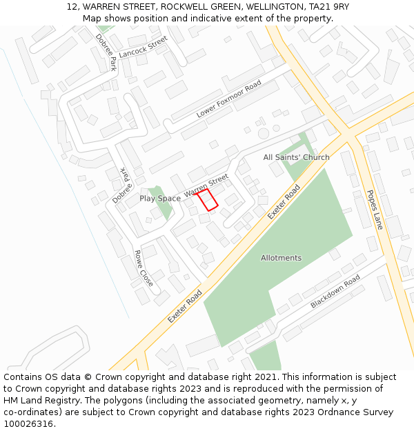 12, WARREN STREET, ROCKWELL GREEN, WELLINGTON, TA21 9RY: Location map and indicative extent of plot