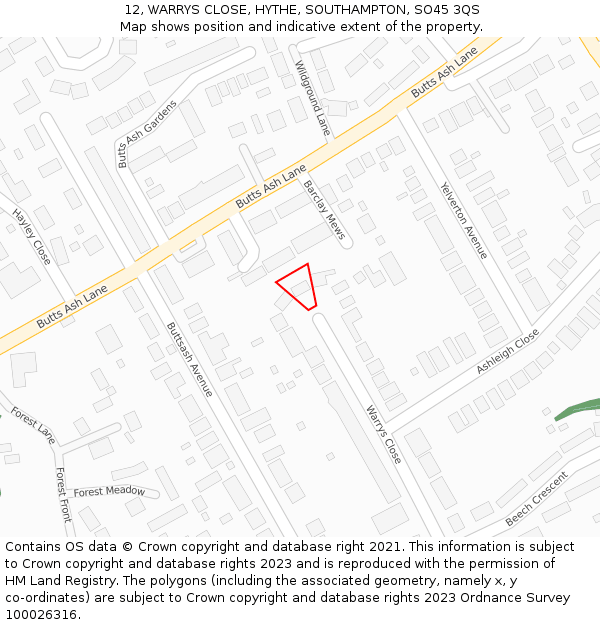 12, WARRYS CLOSE, HYTHE, SOUTHAMPTON, SO45 3QS: Location map and indicative extent of plot