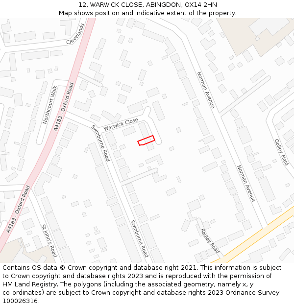 12, WARWICK CLOSE, ABINGDON, OX14 2HN: Location map and indicative extent of plot