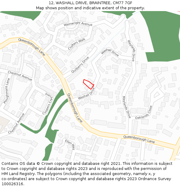 12, WASHALL DRIVE, BRAINTREE, CM77 7GF: Location map and indicative extent of plot