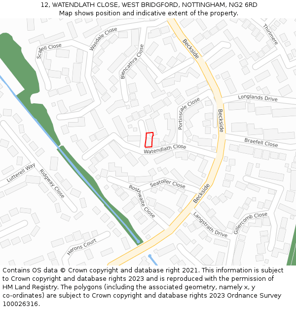 12, WATENDLATH CLOSE, WEST BRIDGFORD, NOTTINGHAM, NG2 6RD: Location map and indicative extent of plot