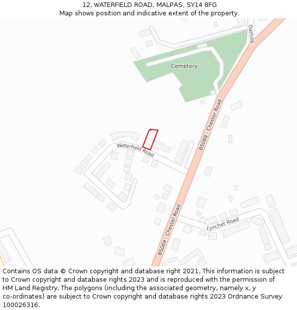 12, WATERFIELD ROAD, MALPAS, SY14 8FG: Location map and indicative extent of plot