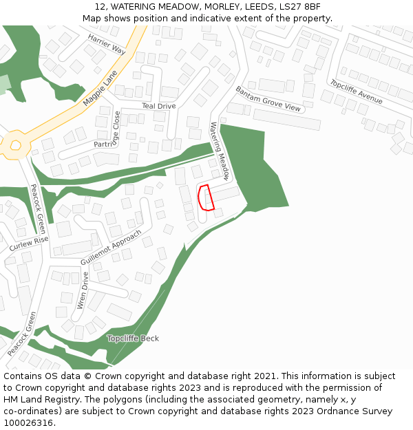 12, WATERING MEADOW, MORLEY, LEEDS, LS27 8BF: Location map and indicative extent of plot