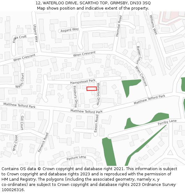12, WATERLOO DRIVE, SCARTHO TOP, GRIMSBY, DN33 3SQ: Location map and indicative extent of plot