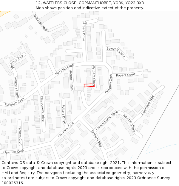 12, WATTLERS CLOSE, COPMANTHORPE, YORK, YO23 3XR: Location map and indicative extent of plot