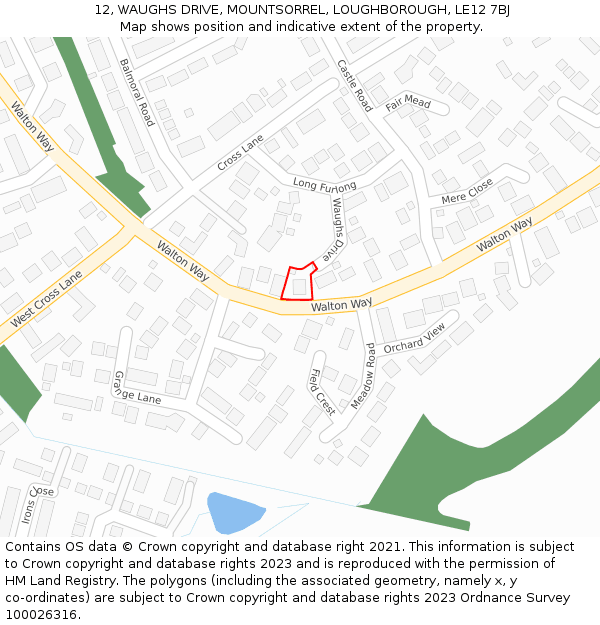 12, WAUGHS DRIVE, MOUNTSORREL, LOUGHBOROUGH, LE12 7BJ: Location map and indicative extent of plot