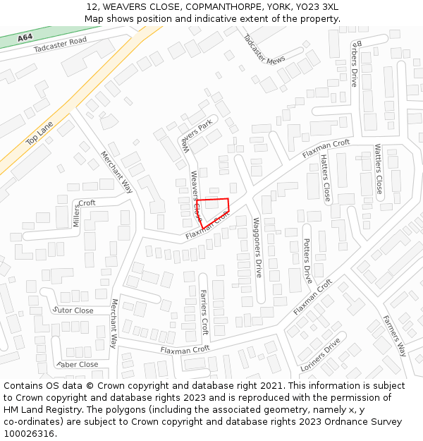 12, WEAVERS CLOSE, COPMANTHORPE, YORK, YO23 3XL: Location map and indicative extent of plot