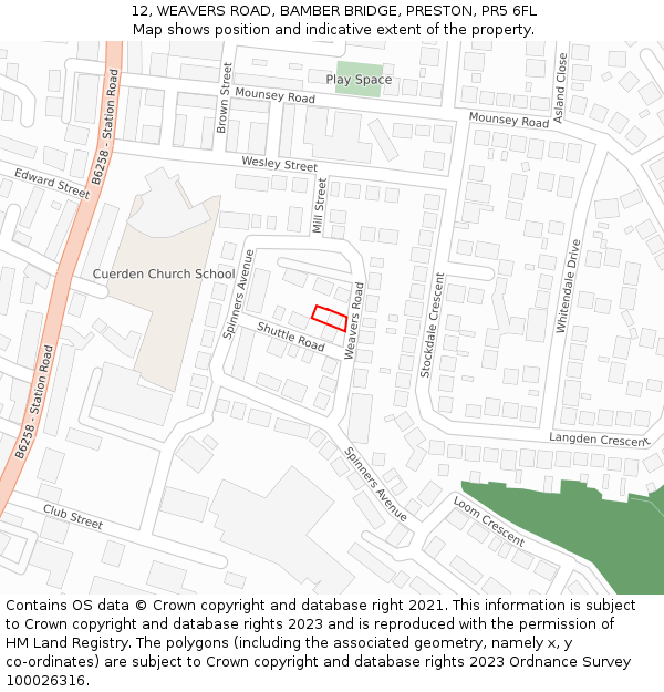 12, WEAVERS ROAD, BAMBER BRIDGE, PRESTON, PR5 6FL: Location map and indicative extent of plot
