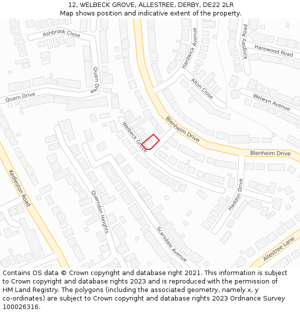 12, WELBECK GROVE, ALLESTREE, DERBY, DE22 2LR: Location map and indicative extent of plot