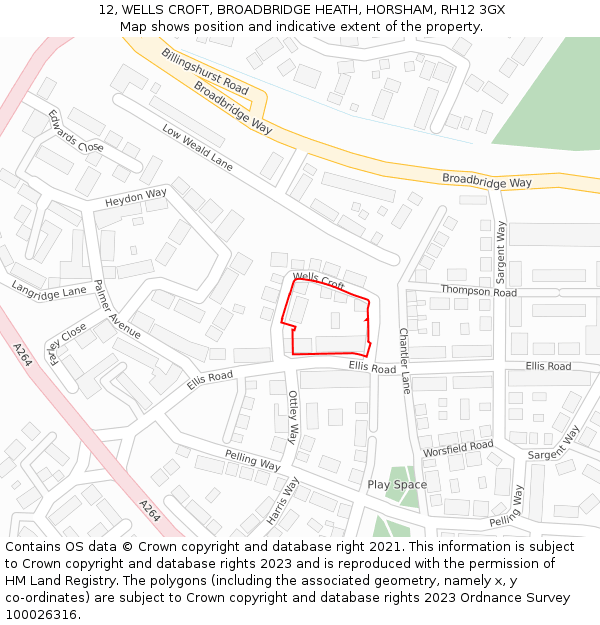 12, WELLS CROFT, BROADBRIDGE HEATH, HORSHAM, RH12 3GX: Location map and indicative extent of plot