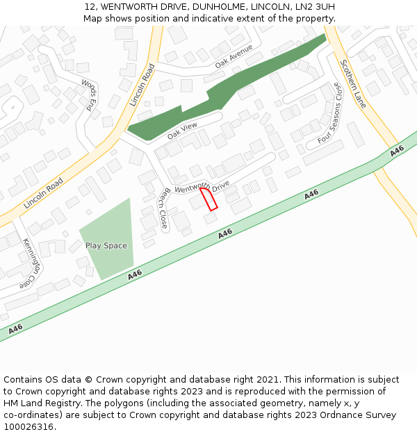 12, WENTWORTH DRIVE, DUNHOLME, LINCOLN, LN2 3UH: Location map and indicative extent of plot