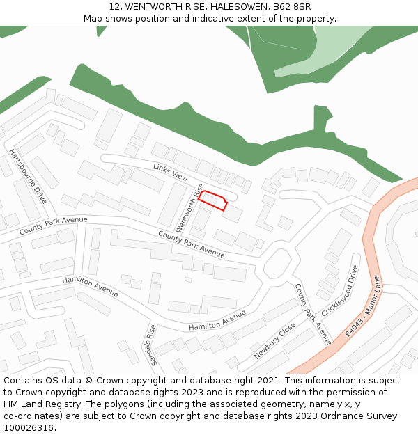 12, WENTWORTH RISE, HALESOWEN, B62 8SR: Location map and indicative extent of plot