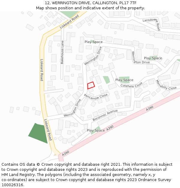 12, WERRINGTON DRIVE, CALLINGTON, PL17 7TF: Location map and indicative extent of plot
