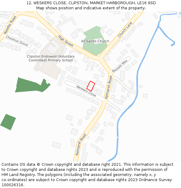 12, WESKERS CLOSE, CLIPSTON, MARKET HARBOROUGH, LE16 9SD: Location map and indicative extent of plot