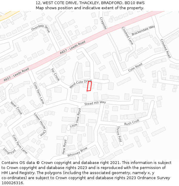 12, WEST COTE DRIVE, THACKLEY, BRADFORD, BD10 8WS: Location map and indicative extent of plot