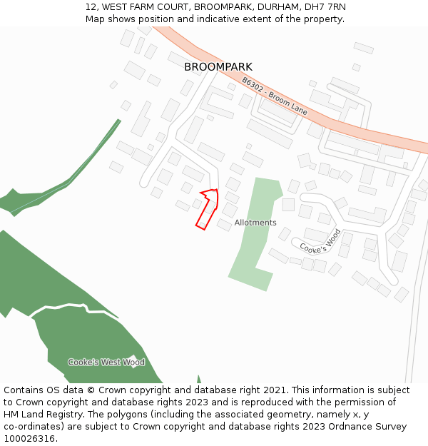 12, WEST FARM COURT, BROOMPARK, DURHAM, DH7 7RN: Location map and indicative extent of plot