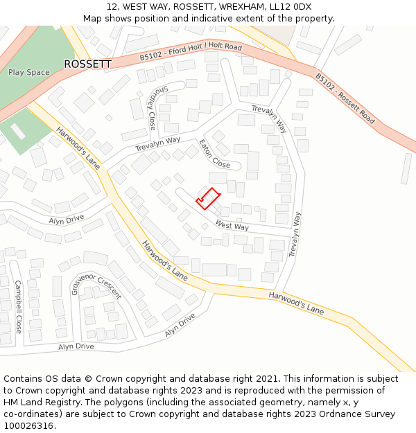 12, WEST WAY, ROSSETT, WREXHAM, LL12 0DX: Location map and indicative extent of plot
