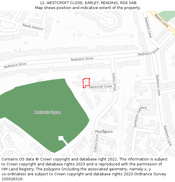 12, WESTCROFT CLOSE, EARLEY, READING, RG6 5AB: Location map and indicative extent of plot