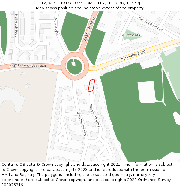 12, WESTERKIRK DRIVE, MADELEY, TELFORD, TF7 5RJ: Location map and indicative extent of plot