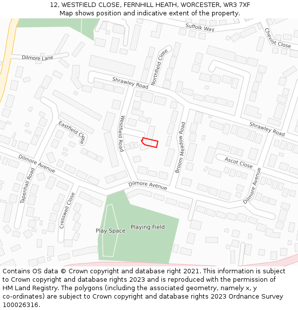 12, WESTFIELD CLOSE, FERNHILL HEATH, WORCESTER, WR3 7XF: Location map and indicative extent of plot