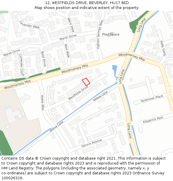 12, WESTFIELDS DRIVE, BEVERLEY, HU17 8ED: Location map and indicative extent of plot