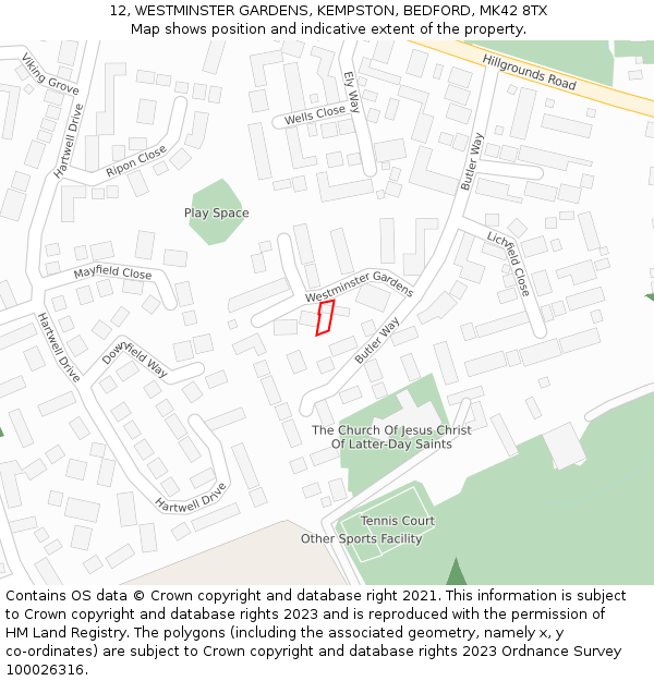 12, WESTMINSTER GARDENS, KEMPSTON, BEDFORD, MK42 8TX: Location map and indicative extent of plot