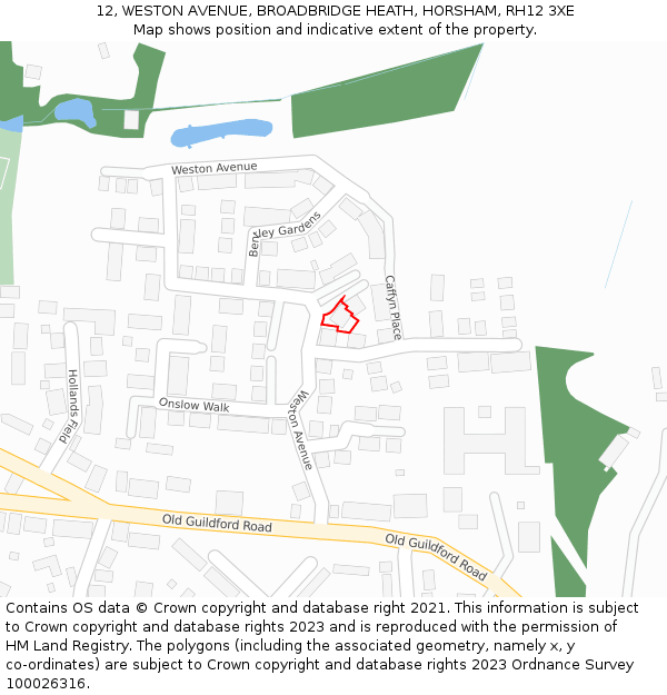 12, WESTON AVENUE, BROADBRIDGE HEATH, HORSHAM, RH12 3XE: Location map and indicative extent of plot