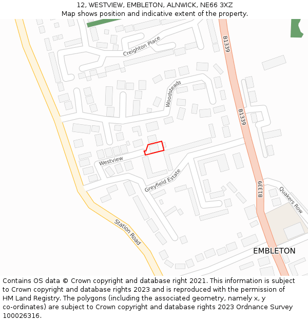 12, WESTVIEW, EMBLETON, ALNWICK, NE66 3XZ: Location map and indicative extent of plot