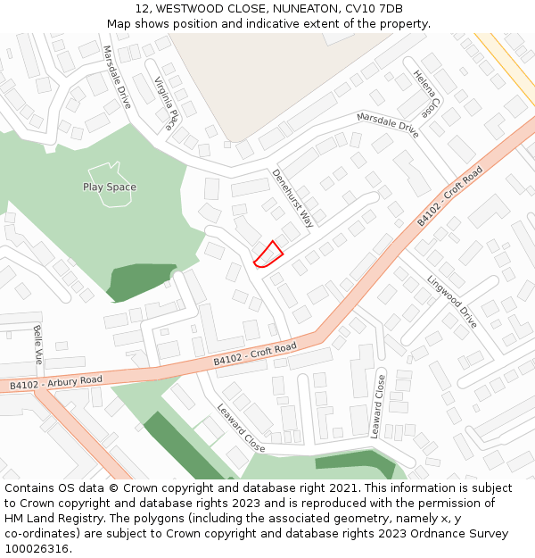 12, WESTWOOD CLOSE, NUNEATON, CV10 7DB: Location map and indicative extent of plot