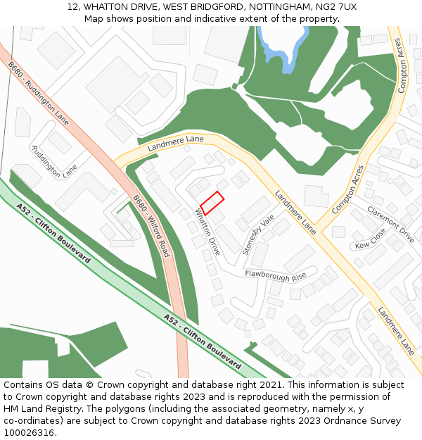 12, WHATTON DRIVE, WEST BRIDGFORD, NOTTINGHAM, NG2 7UX: Location map and indicative extent of plot