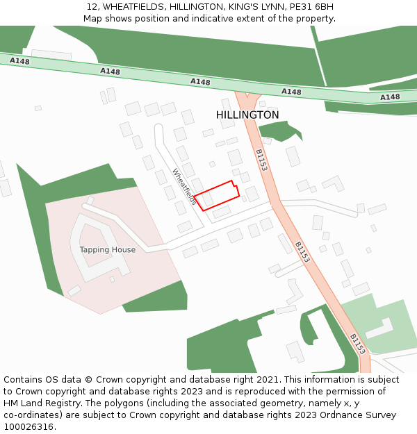 12, WHEATFIELDS, HILLINGTON, KING'S LYNN, PE31 6BH: Location map and indicative extent of plot