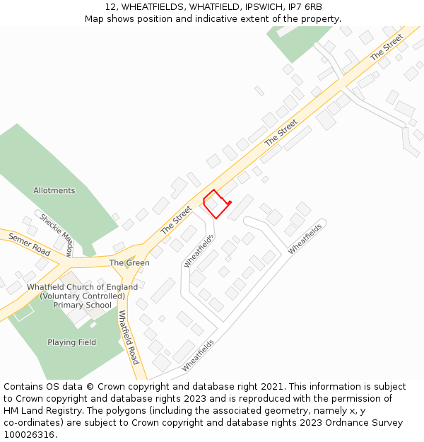 12, WHEATFIELDS, WHATFIELD, IPSWICH, IP7 6RB: Location map and indicative extent of plot