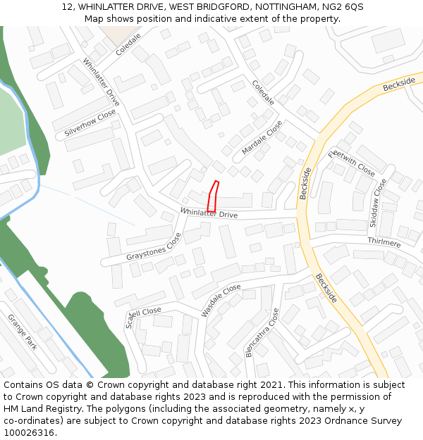 12, WHINLATTER DRIVE, WEST BRIDGFORD, NOTTINGHAM, NG2 6QS: Location map and indicative extent of plot