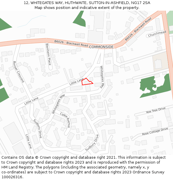 12, WHITEGATES WAY, HUTHWAITE, SUTTON-IN-ASHFIELD, NG17 2SA: Location map and indicative extent of plot