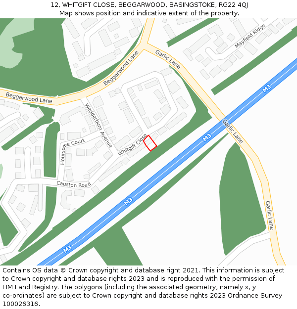 12, WHITGIFT CLOSE, BEGGARWOOD, BASINGSTOKE, RG22 4QJ: Location map and indicative extent of plot