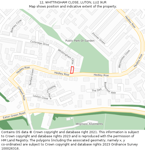 12, WHITTINGHAM CLOSE, LUTON, LU2 9UR: Location map and indicative extent of plot