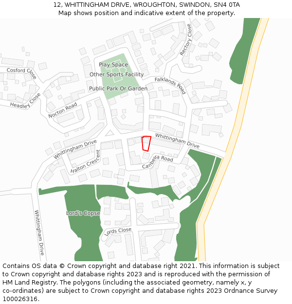 12, WHITTINGHAM DRIVE, WROUGHTON, SWINDON, SN4 0TA: Location map and indicative extent of plot