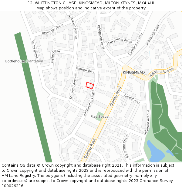 12, WHITTINGTON CHASE, KINGSMEAD, MILTON KEYNES, MK4 4HL: Location map and indicative extent of plot