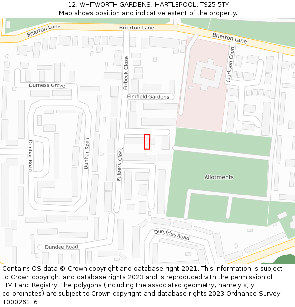 12, WHITWORTH GARDENS, HARTLEPOOL, TS25 5TY: Location map and indicative extent of plot