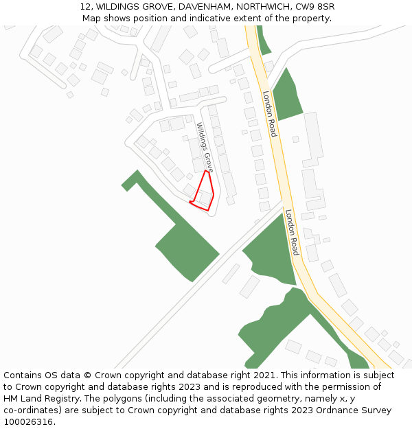 12, WILDINGS GROVE, DAVENHAM, NORTHWICH, CW9 8SR: Location map and indicative extent of plot