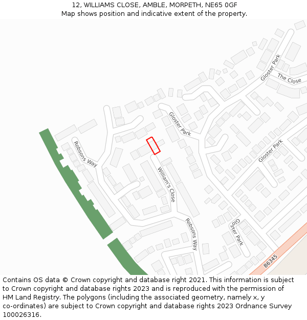 12, WILLIAMS CLOSE, AMBLE, MORPETH, NE65 0GF: Location map and indicative extent of plot