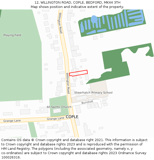 12, WILLINGTON ROAD, COPLE, BEDFORD, MK44 3TH: Location map and indicative extent of plot