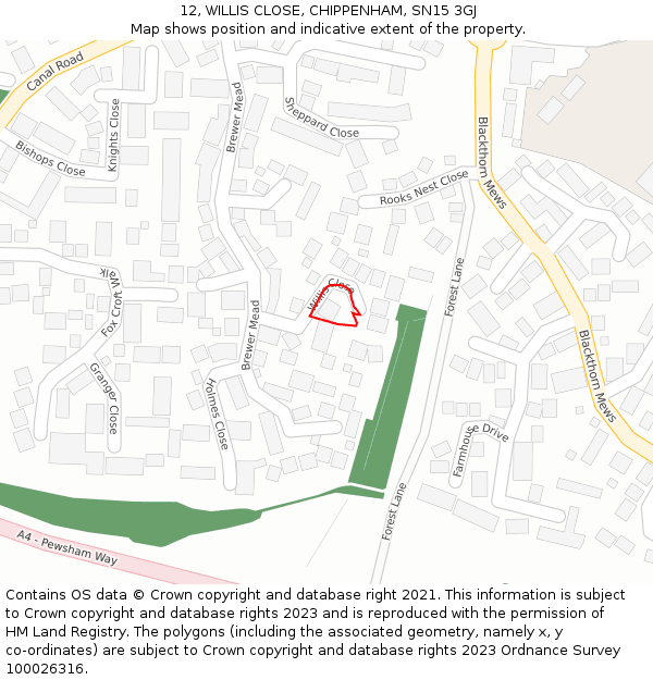 12, WILLIS CLOSE, CHIPPENHAM, SN15 3GJ: Location map and indicative extent of plot