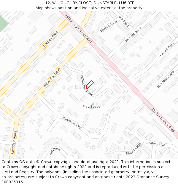 12, WILLOUGHBY CLOSE, DUNSTABLE, LU6 3TF: Location map and indicative extent of plot